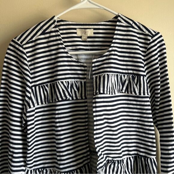Loft Navy Blue White Striped Tiered Linen Blend Bell Sleeve Jacket NWT - Picture 3 of 5